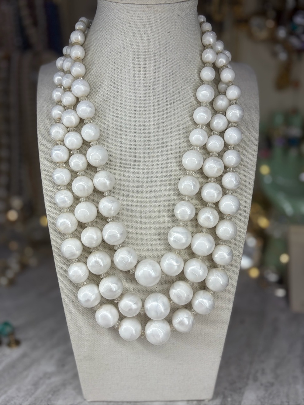 Vintage Trifari Necklace White Lucite Beads Layered Jewelry Beaded Signed